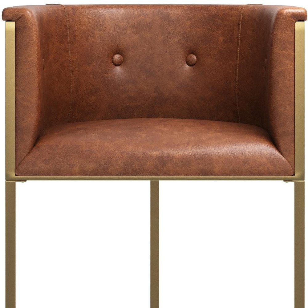 31" Brown And Brass Faux Leather And Steel Low Back Bar Height Bar Chair