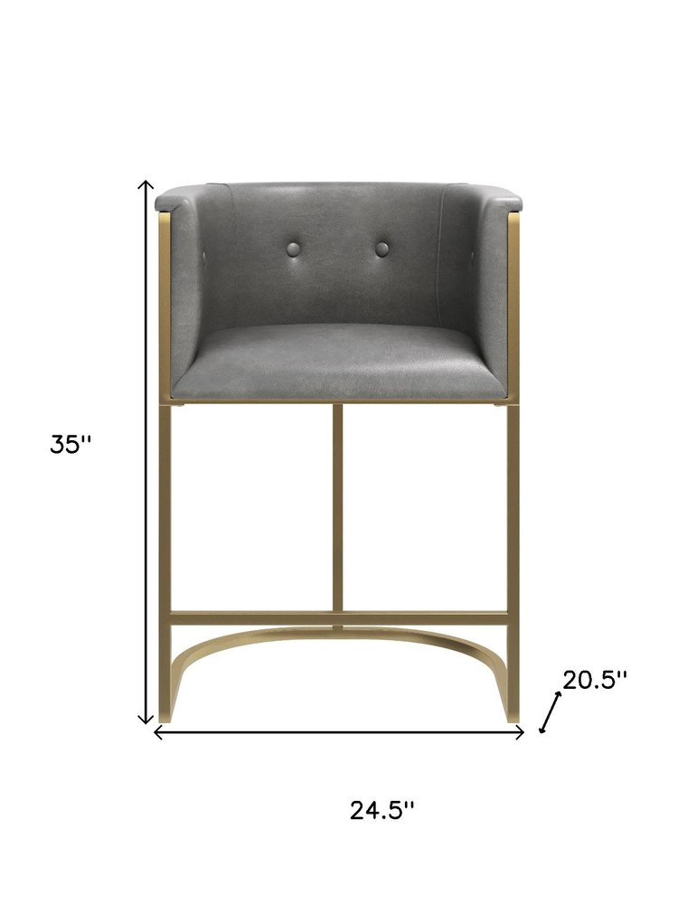 26" Gray And Brass Faux Leather And Steel Low Back Counter Height Bar Chair