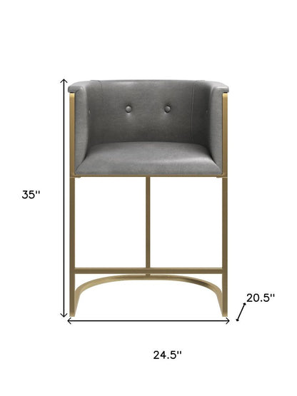 26" Gray And Brass Faux Leather And Steel Low Back Counter Height Bar Chair