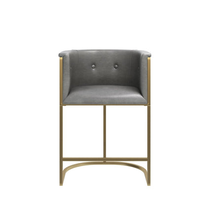 26" Gray And Brass Faux Leather And Steel Low Back Counter Height Bar Chair