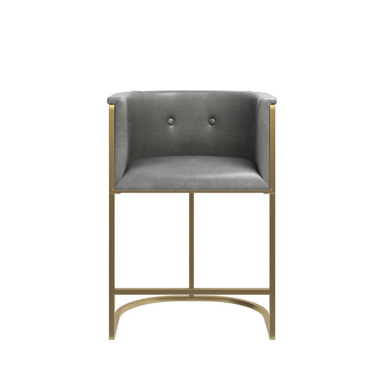 26" Gray And Brass Faux Leather And Steel Low Back Counter Height Bar Chair