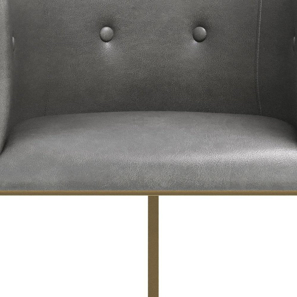 26" Gray And Brass Faux Leather And Steel Low Back Counter Height Bar Chair