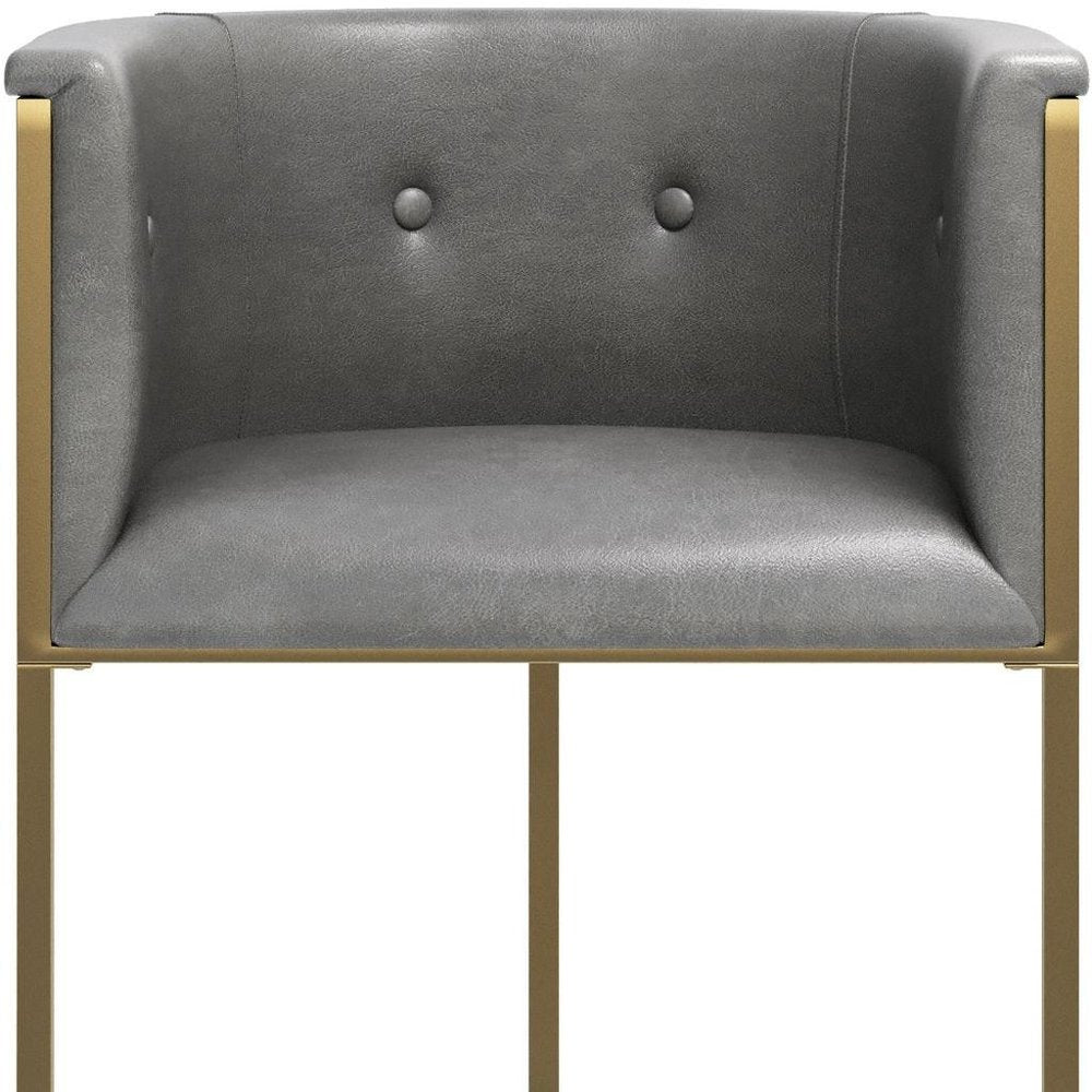 26" Gray And Brass Faux Leather And Steel Low Back Counter Height Bar Chair