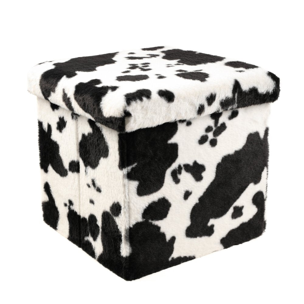 30" Black And White Faux Fur Cow Print Ottoman
