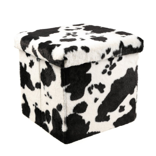 30" Black And White Faux Fur Cow Print Ottoman