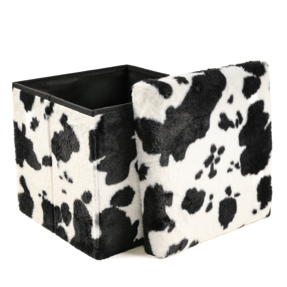 30" Black And White Faux Fur Cow Print Ottoman