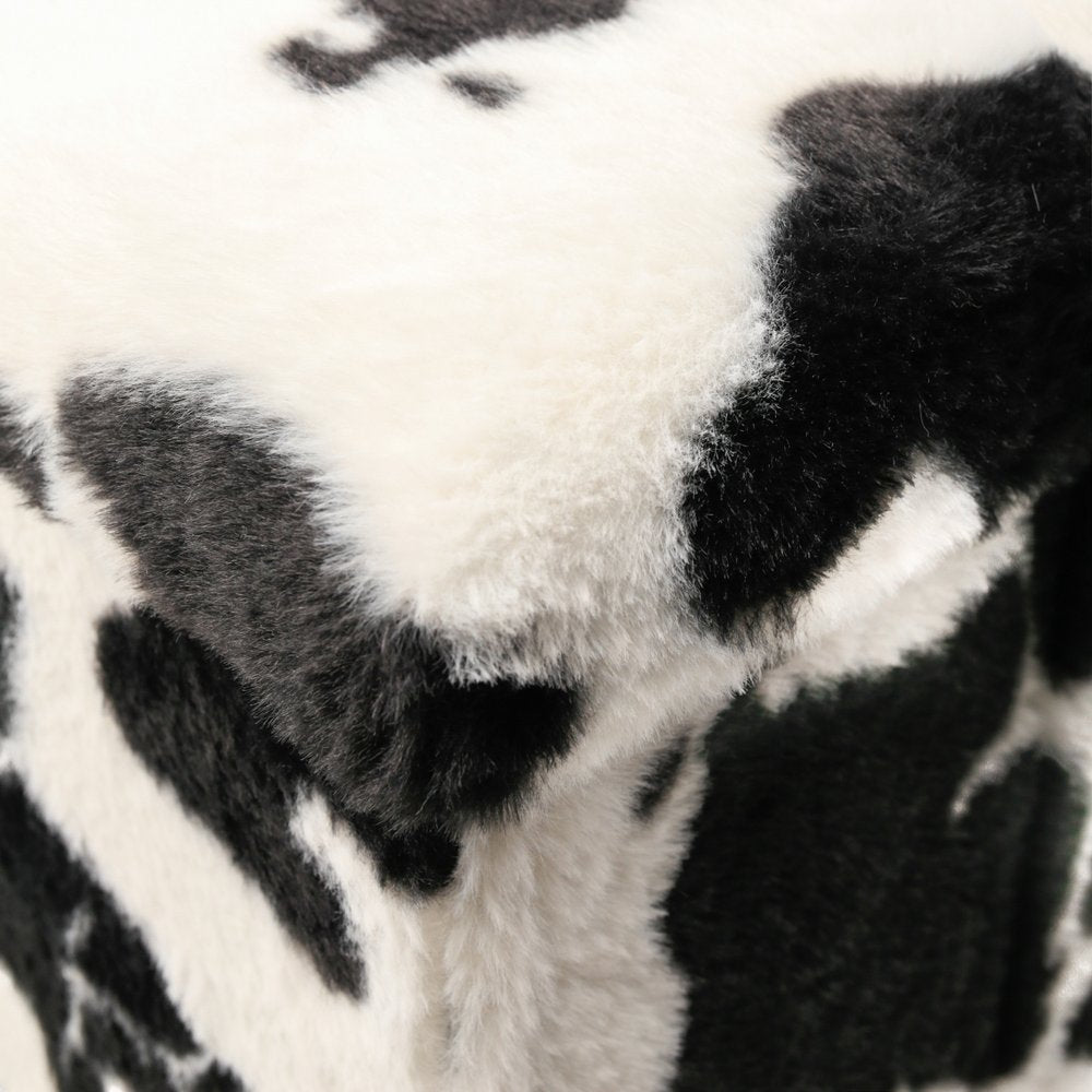 30" Black And White Faux Fur Cow Print Ottoman