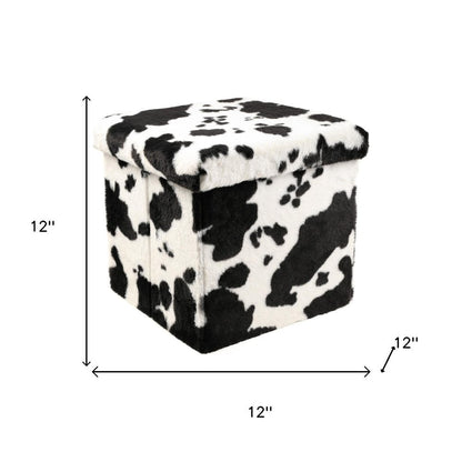 30" Black And White Faux Fur Cow Print Ottoman