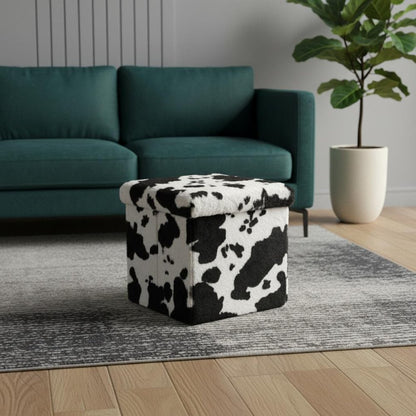30" Black And White Faux Fur Cow Print Ottoman