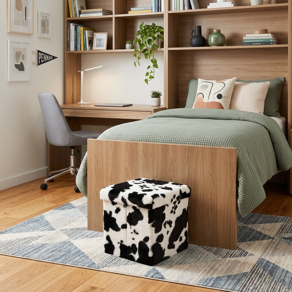30" Black And White Faux Fur Cow Print Ottoman