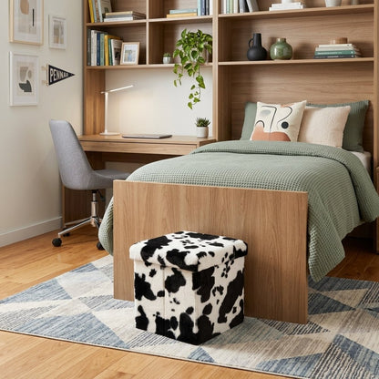 30" Black And White Faux Fur Cow Print Ottoman