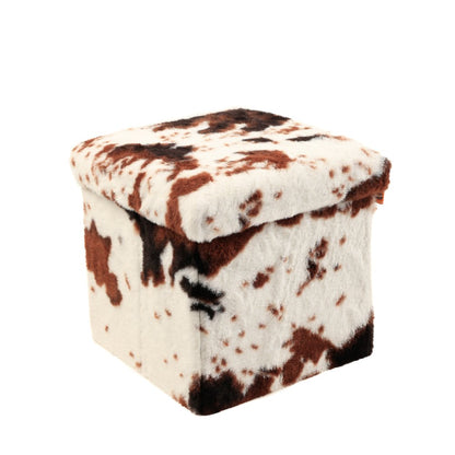 30" White And Brown Faux Fur Cow Print Ottoman