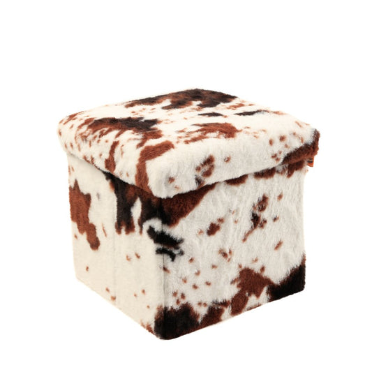 30" White And Brown Faux Fur Cow Print Ottoman