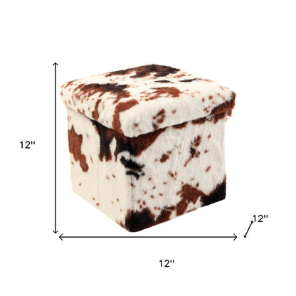 30" White And Brown Faux Fur Cow Print Ottoman