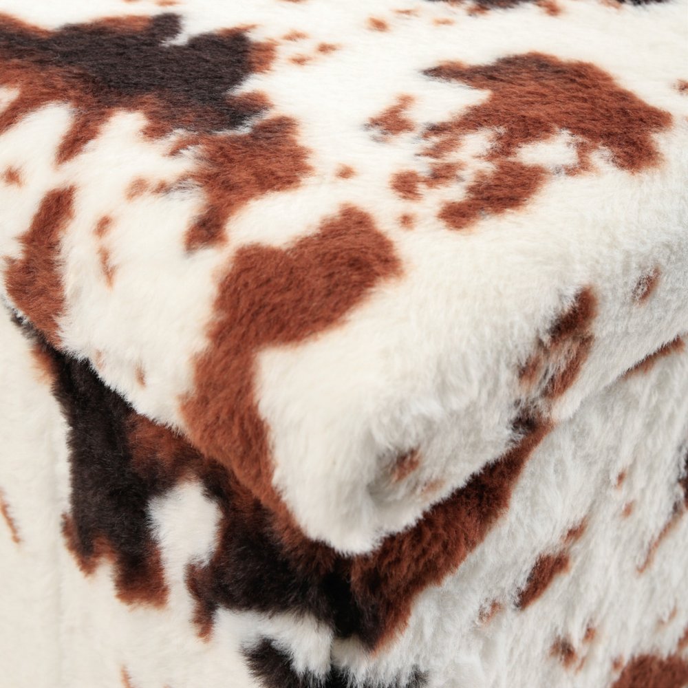 30" White And Brown Faux Fur Cow Print Ottoman