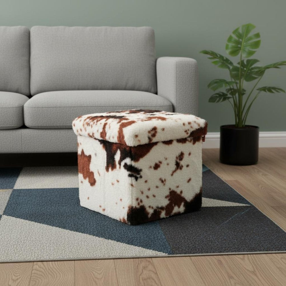 30" White And Brown Faux Fur Cow Print Ottoman