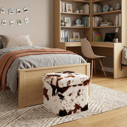 30" White And Brown Faux Fur Cow Print Ottoman