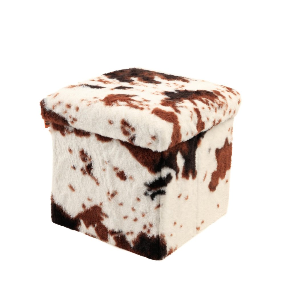 30" White And Brown Faux Fur Cow Print Ottoman