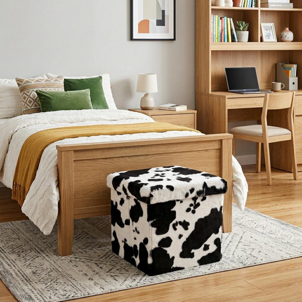 30" Black And White Faux Fur Cow Print Ottoman