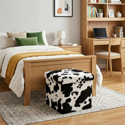 30" Black And White Faux Fur Cow Print Ottoman