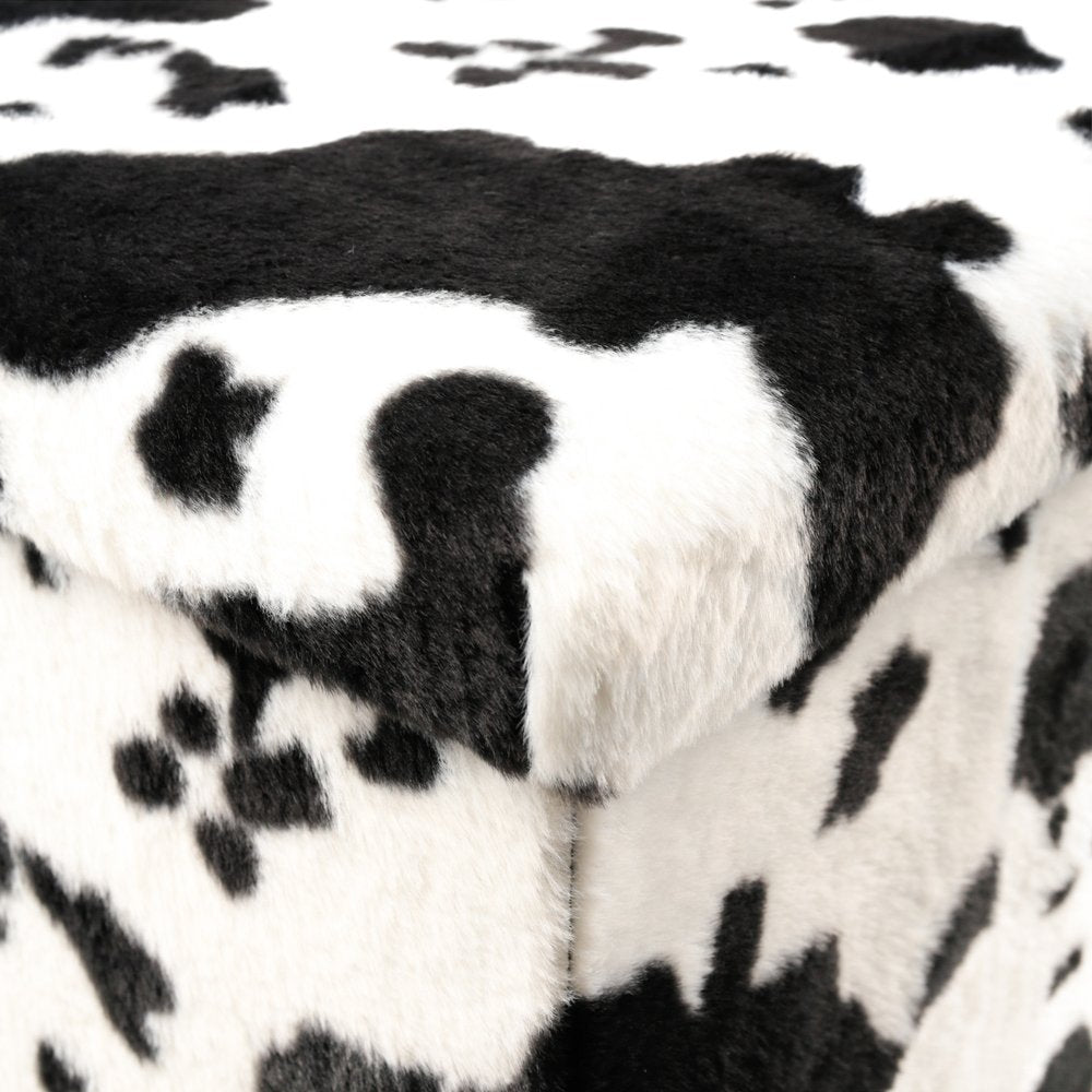 30" Black And White Faux Fur Cow Print Ottoman