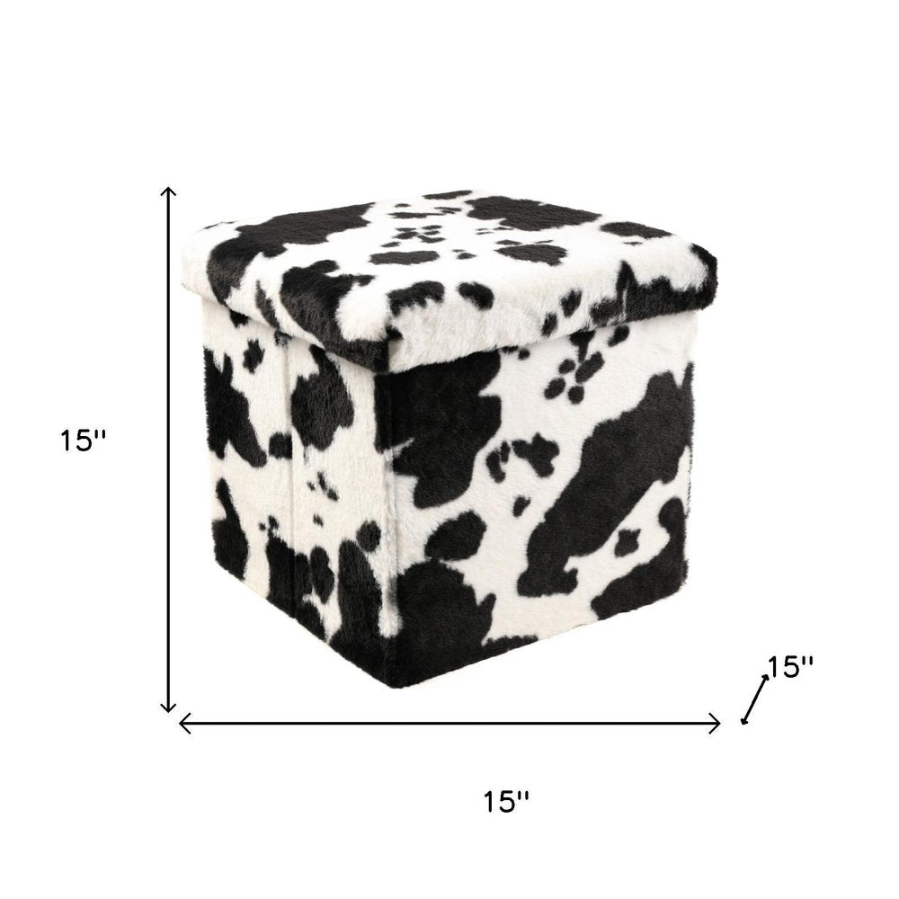 30" Black And White Faux Fur Cow Print Ottoman
