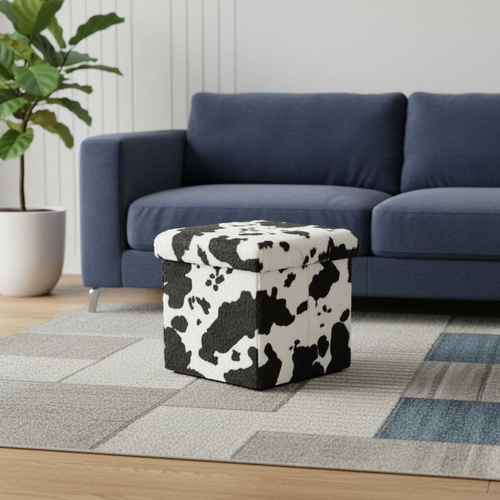 30" Black And White Faux Fur Cow Print Ottoman