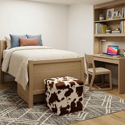 30" White And Brown Faux Fur Cow Print Ottoman