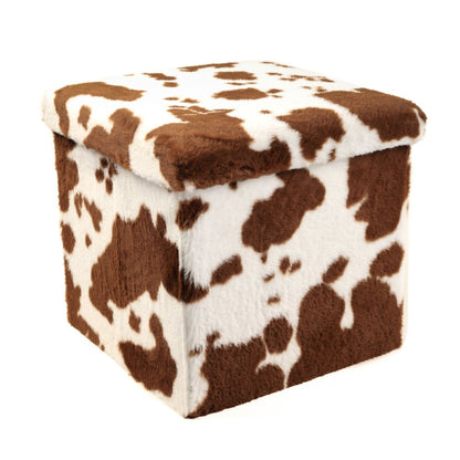 30" White And Brown Faux Fur Cow Print Ottoman