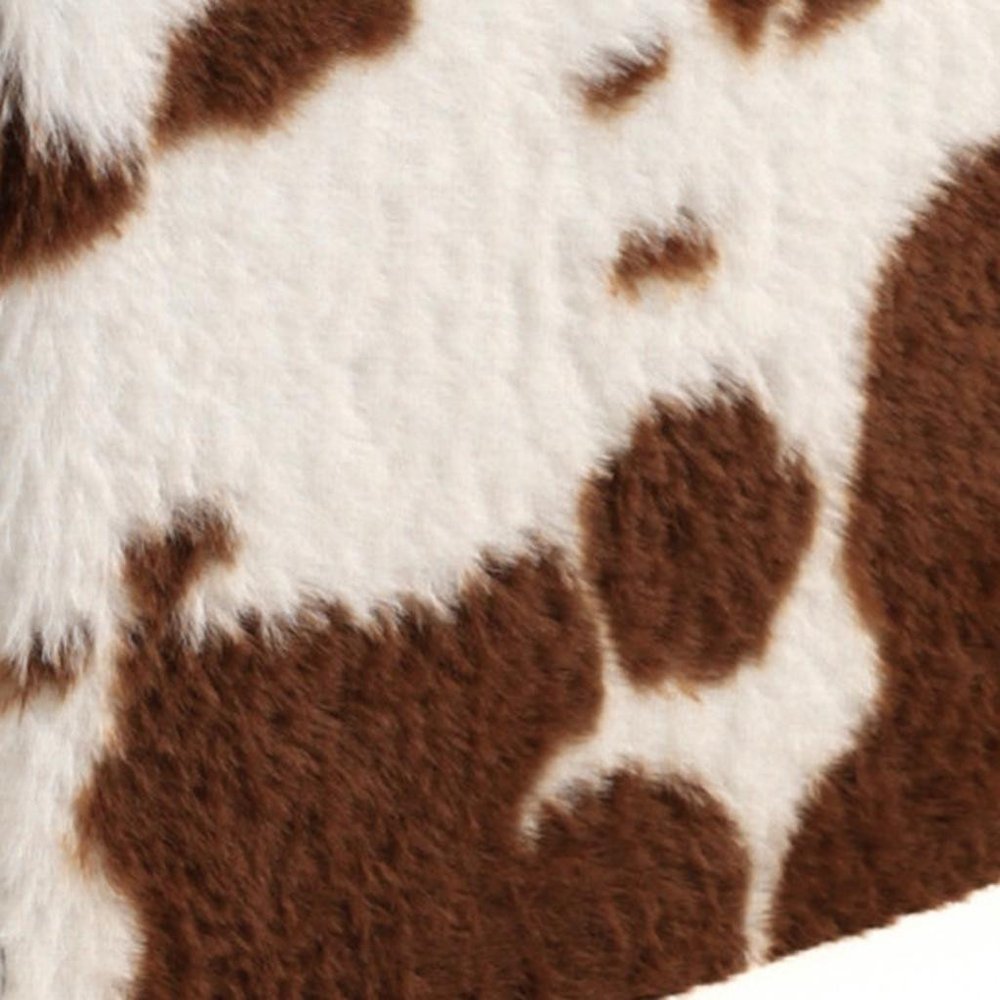 30" White And Brown Faux Fur Cow Print Ottoman