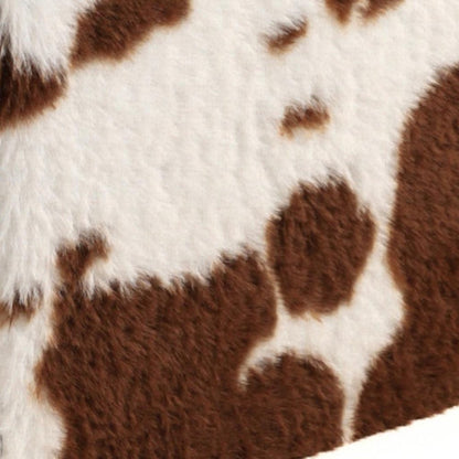 30" White And Brown Faux Fur Cow Print Ottoman