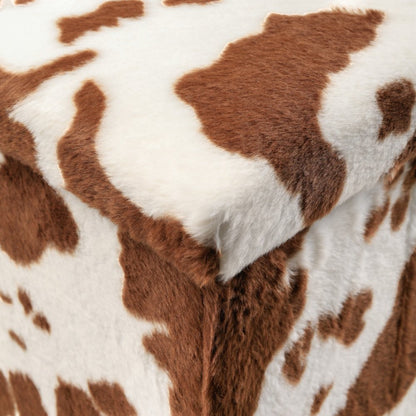 30" White And Brown Faux Fur Cow Print Ottoman