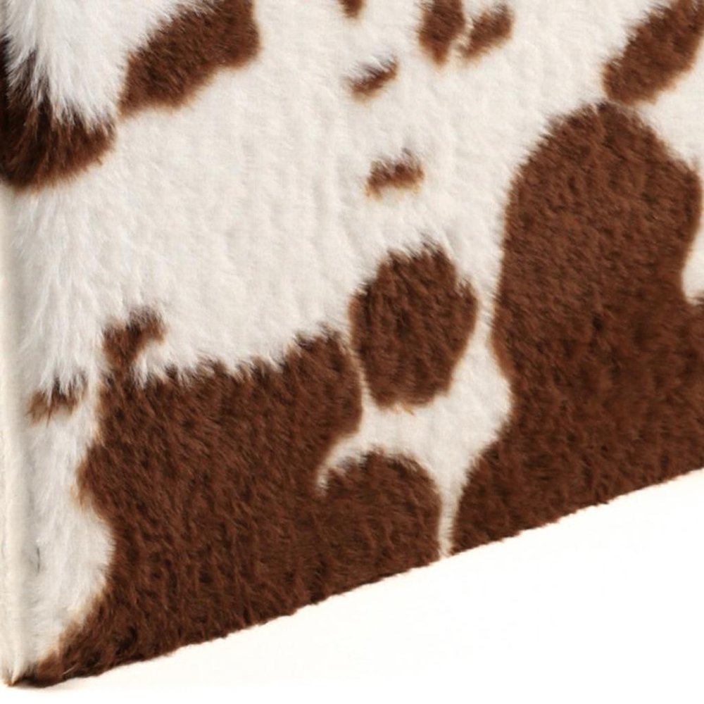 30" White And Brown Faux Fur Cow Print Ottoman