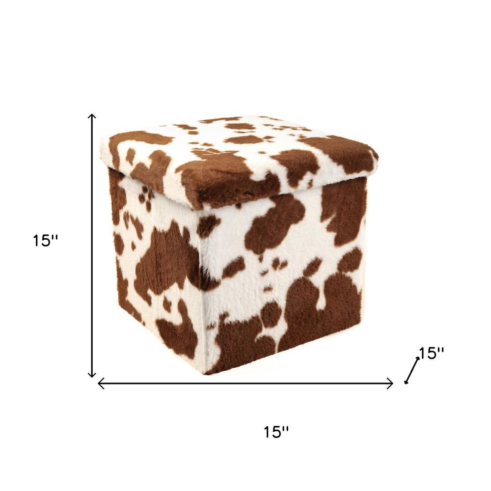 30" White And Brown Faux Fur Cow Print Ottoman