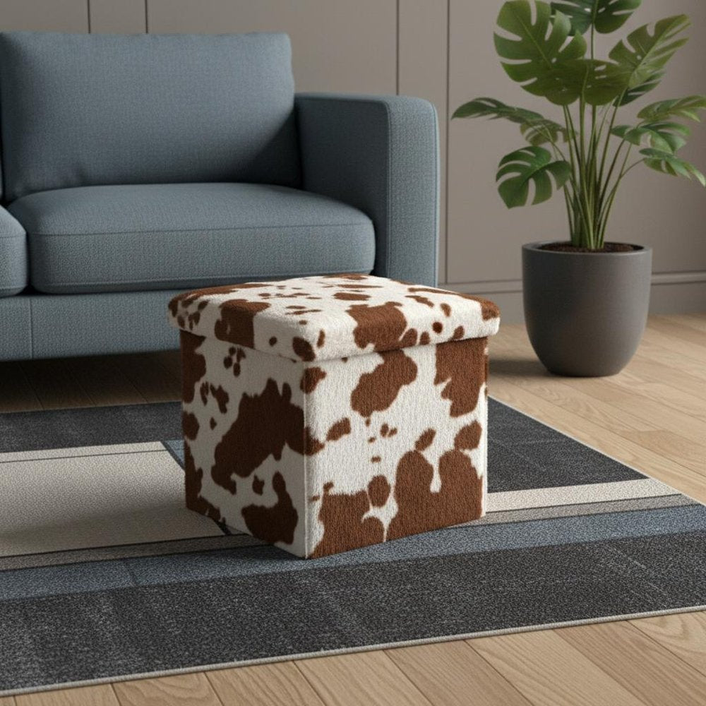 30" White And Brown Faux Fur Cow Print Ottoman