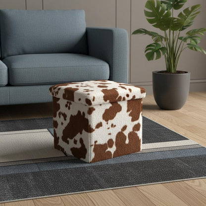 30" White And Brown Faux Fur Cow Print Ottoman