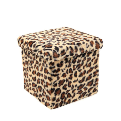 30" Tan And Black Faux Fur Leopard Ottoman