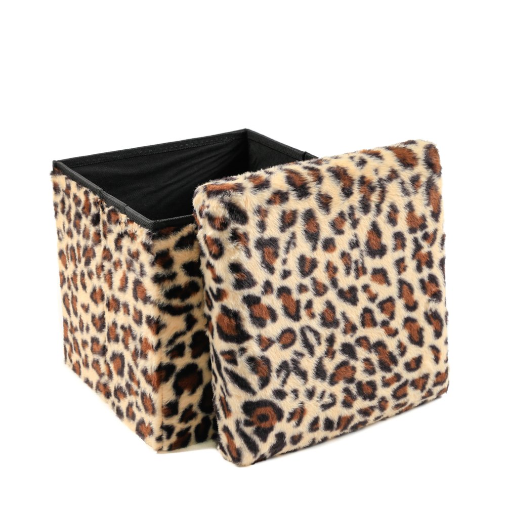 30" Tan And Black Faux Fur Leopard Ottoman
