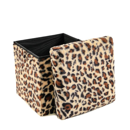 30" Tan And Black Faux Fur Leopard Ottoman