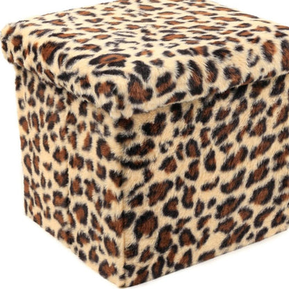 30" Tan And Black Faux Fur Leopard Ottoman