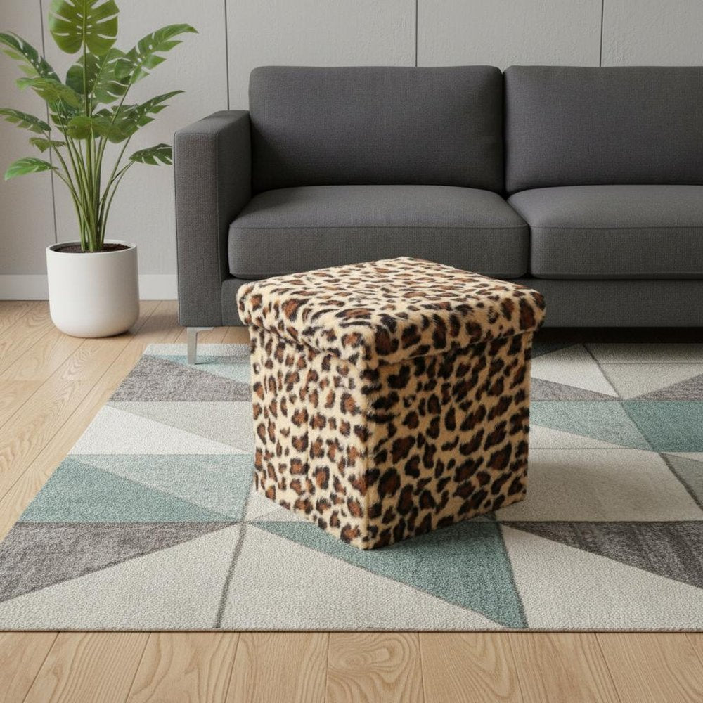 30" Tan And Black Faux Fur Leopard Ottoman