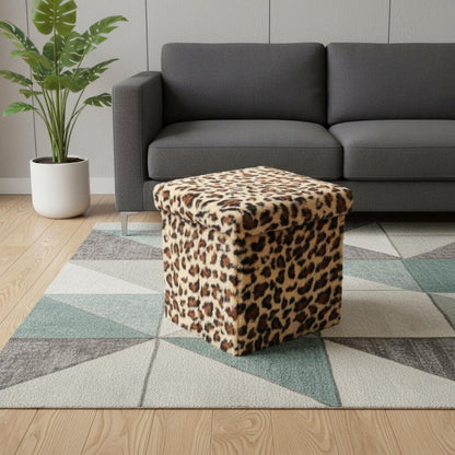 30" Tan And Black Faux Fur Leopard Ottoman