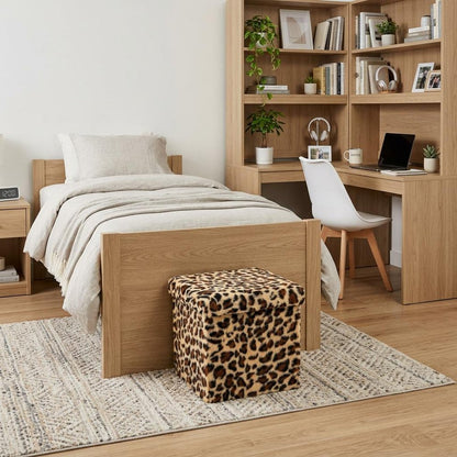 30" Tan And Black Faux Fur Leopard Ottoman