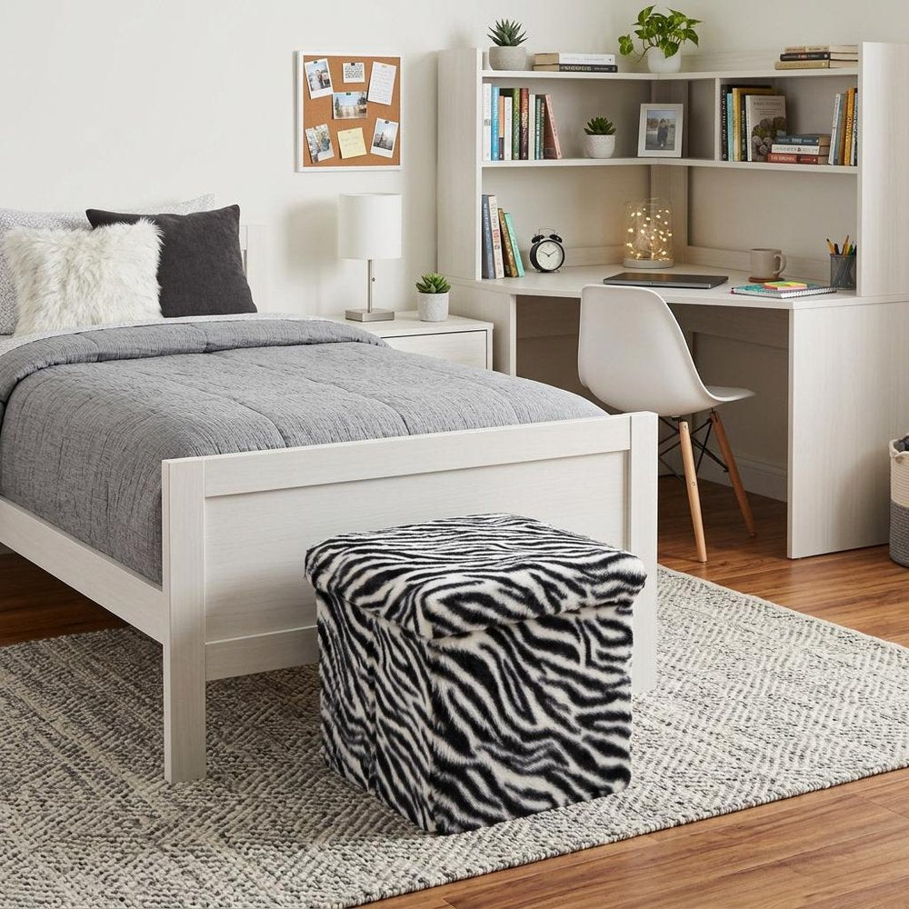 30" Black And White Faux Fur Zebra Ottoman