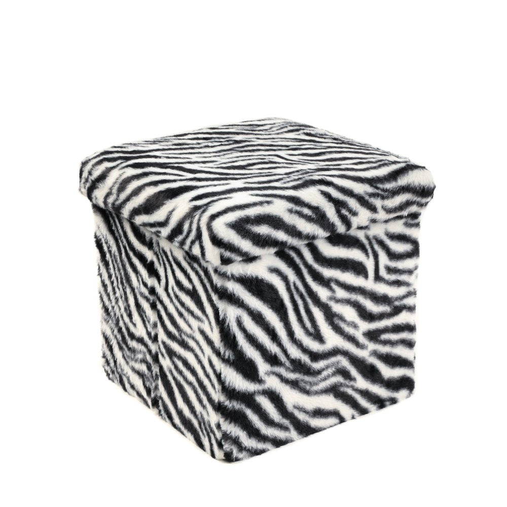 30" Black And White Faux Fur Zebra Ottoman