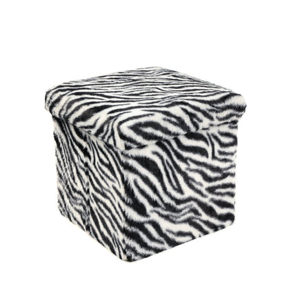 30" Black And White Faux Fur Zebra Ottoman
