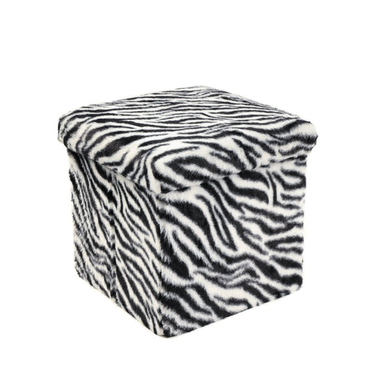 30" Black And White Faux Fur Zebra Ottoman