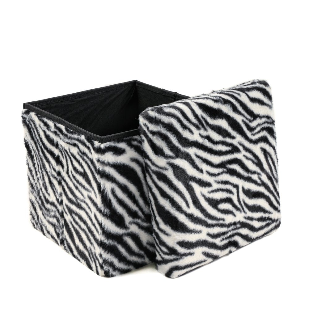 30" Black And White Faux Fur Zebra Ottoman
