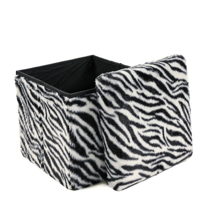 30" Black And White Faux Fur Zebra Ottoman