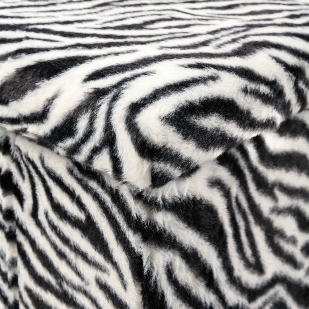 30" Black And White Faux Fur Zebra Ottoman